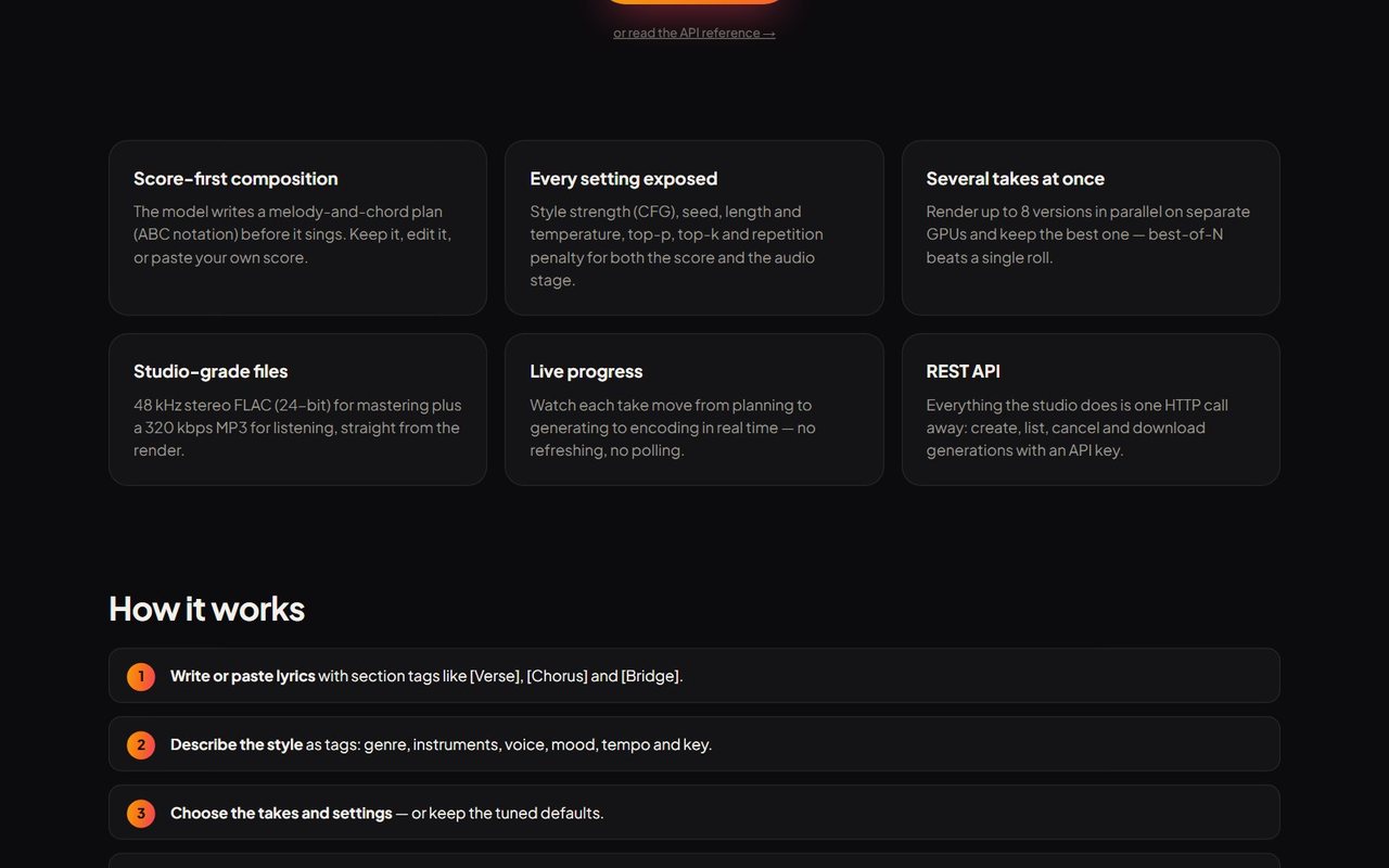 Six Weavy Studio feature cards: score-first composition, settings, several takes, files, live progress and REST API