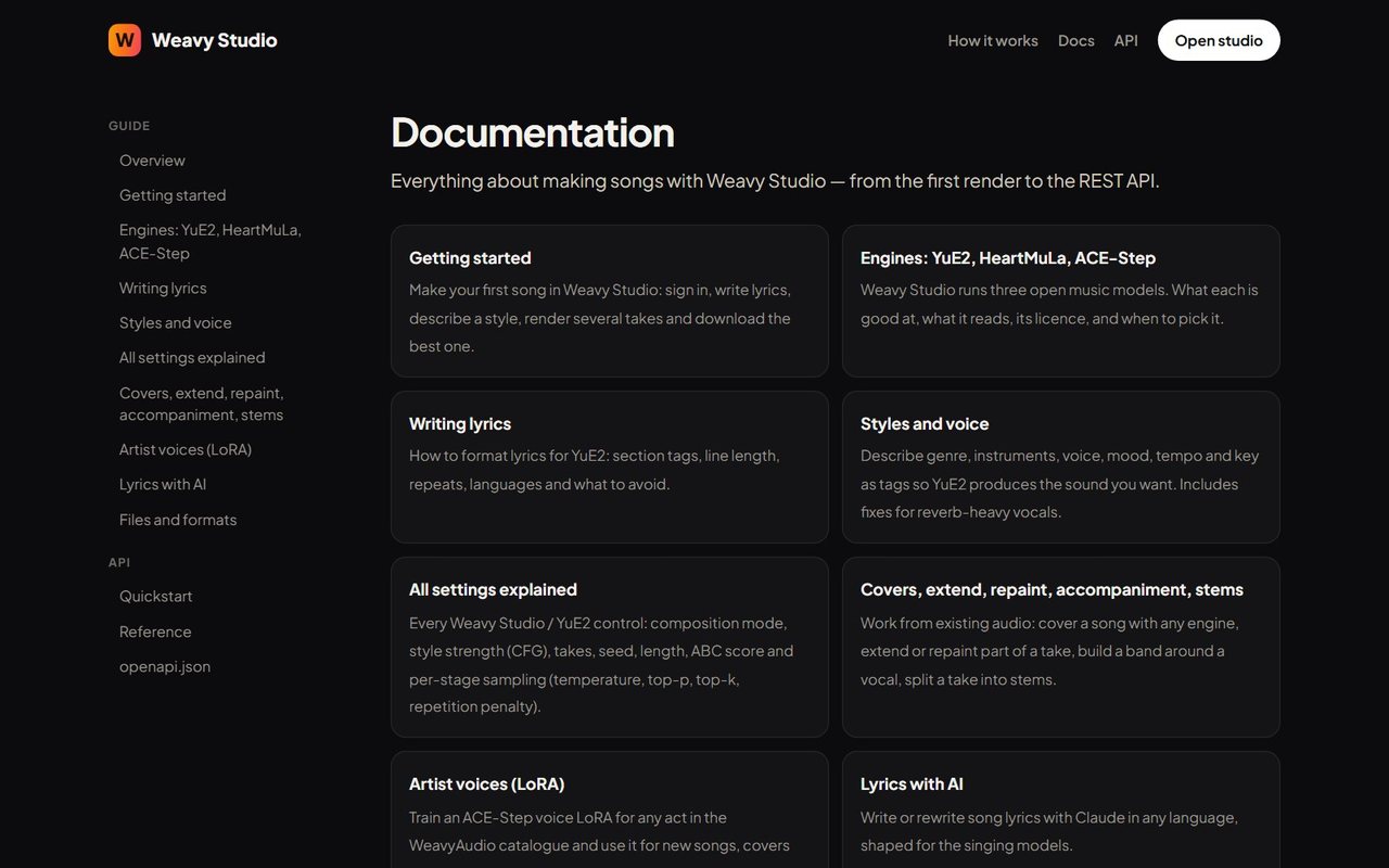 Weavy Studio documentation page with a Guide and API sidebar and topic cards such as Getting started and Engines