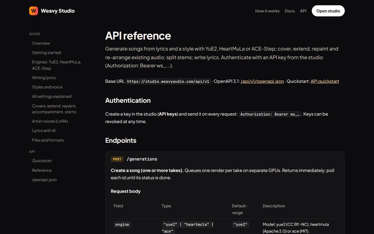 Weavy Studio API reference with base URL, Bearer key authentication and the POST /generations request body table