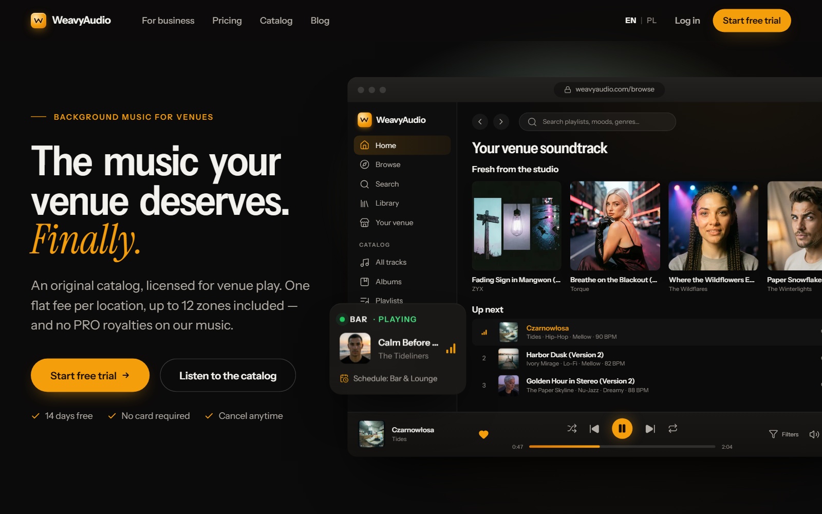 New home page: headline, Start free trial button and a browser window showing the app with a Bar playing card