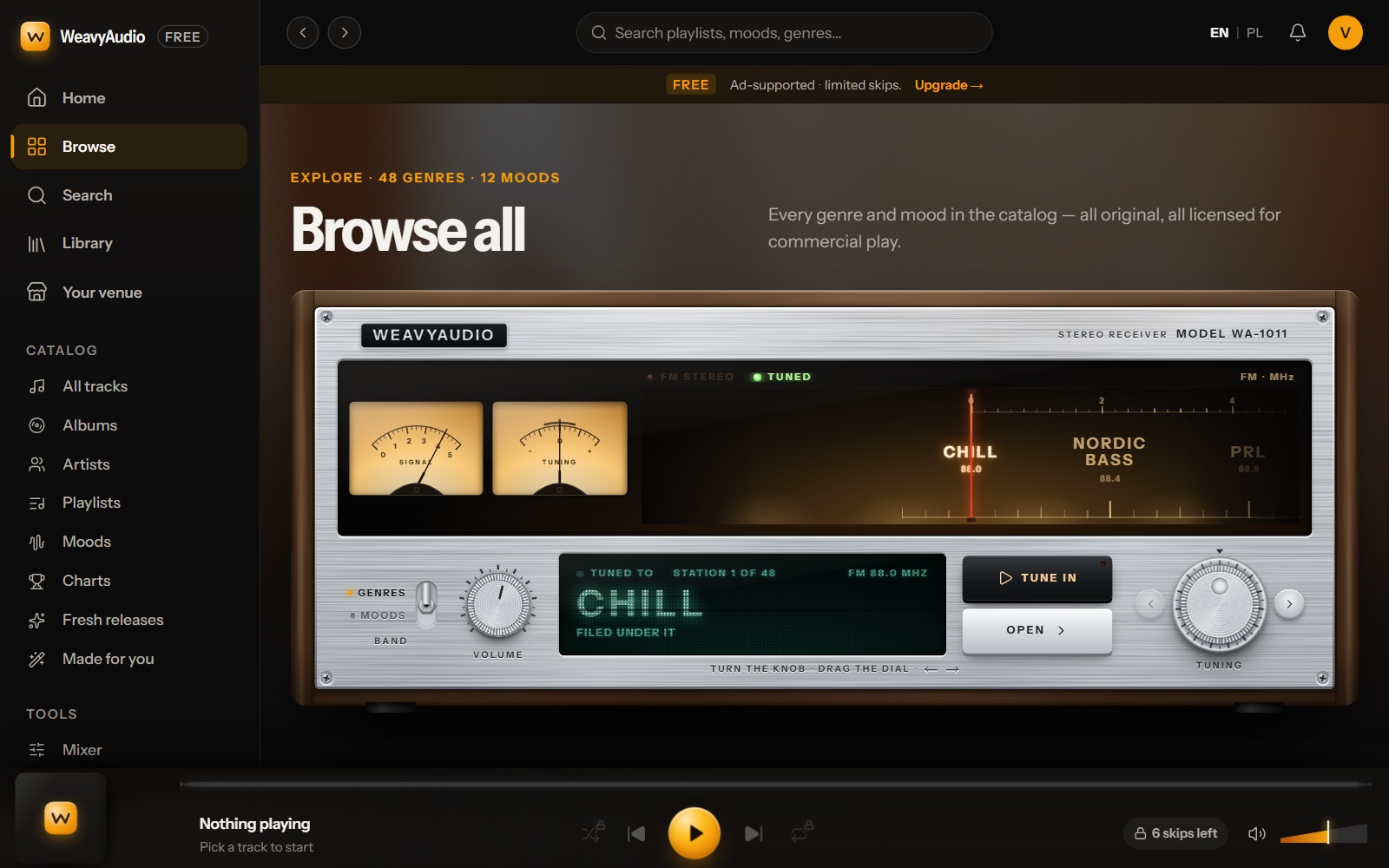 New Browse all page as a stereo receiver with needle meters, a dial with Chill, Nordic Bass, PRL and a Tune in button