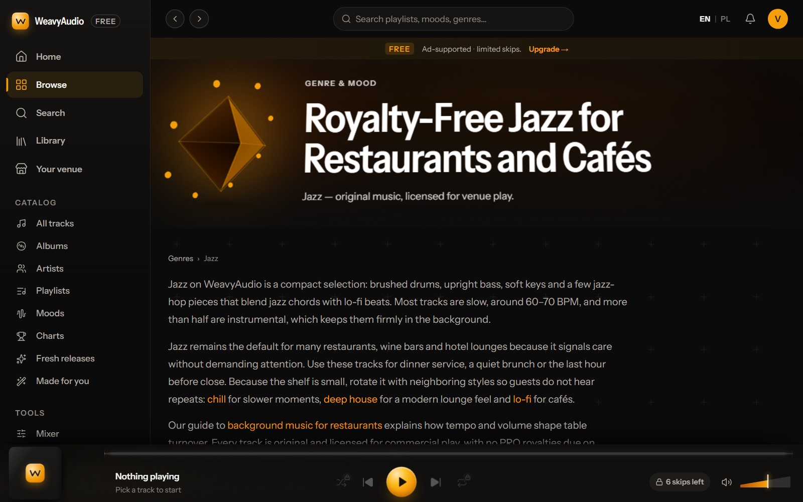 Página del género Jazz con un cristal ámbar, el titular Royalty-Free Jazz for Restaurants and Cafés y una guía escrita