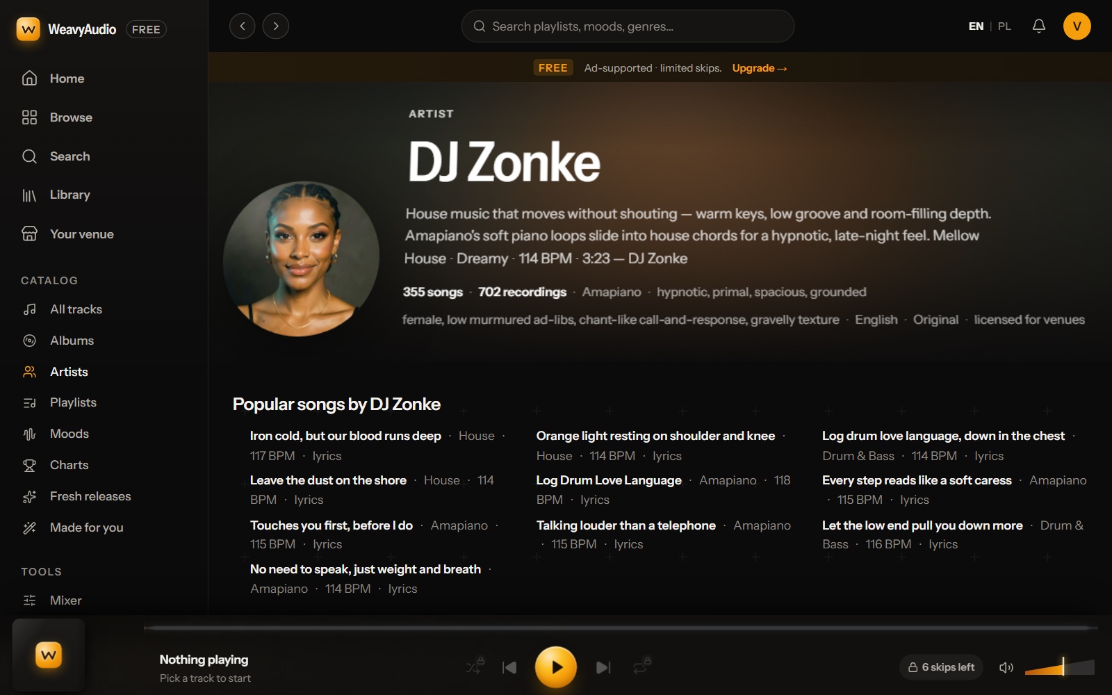 Página del artista DJ Zonke con descripción del sonido, 355 canciones y 702 grabaciones, y tres columnas de canciones populares