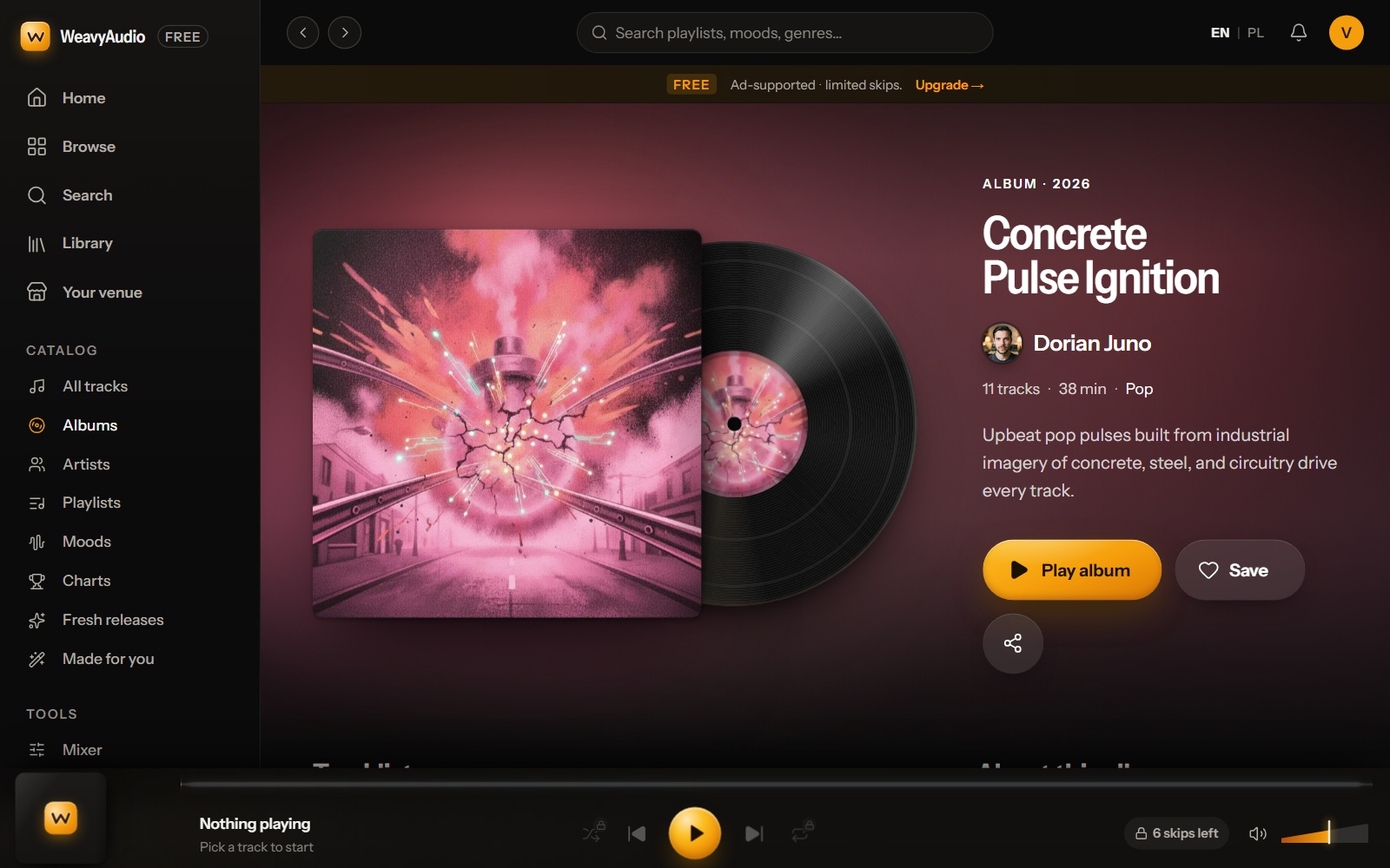 Página del álbum Concrete Pulse Ignition con portada y disco, 11 canciones, 38 min, y botones Play album, Save y compartir