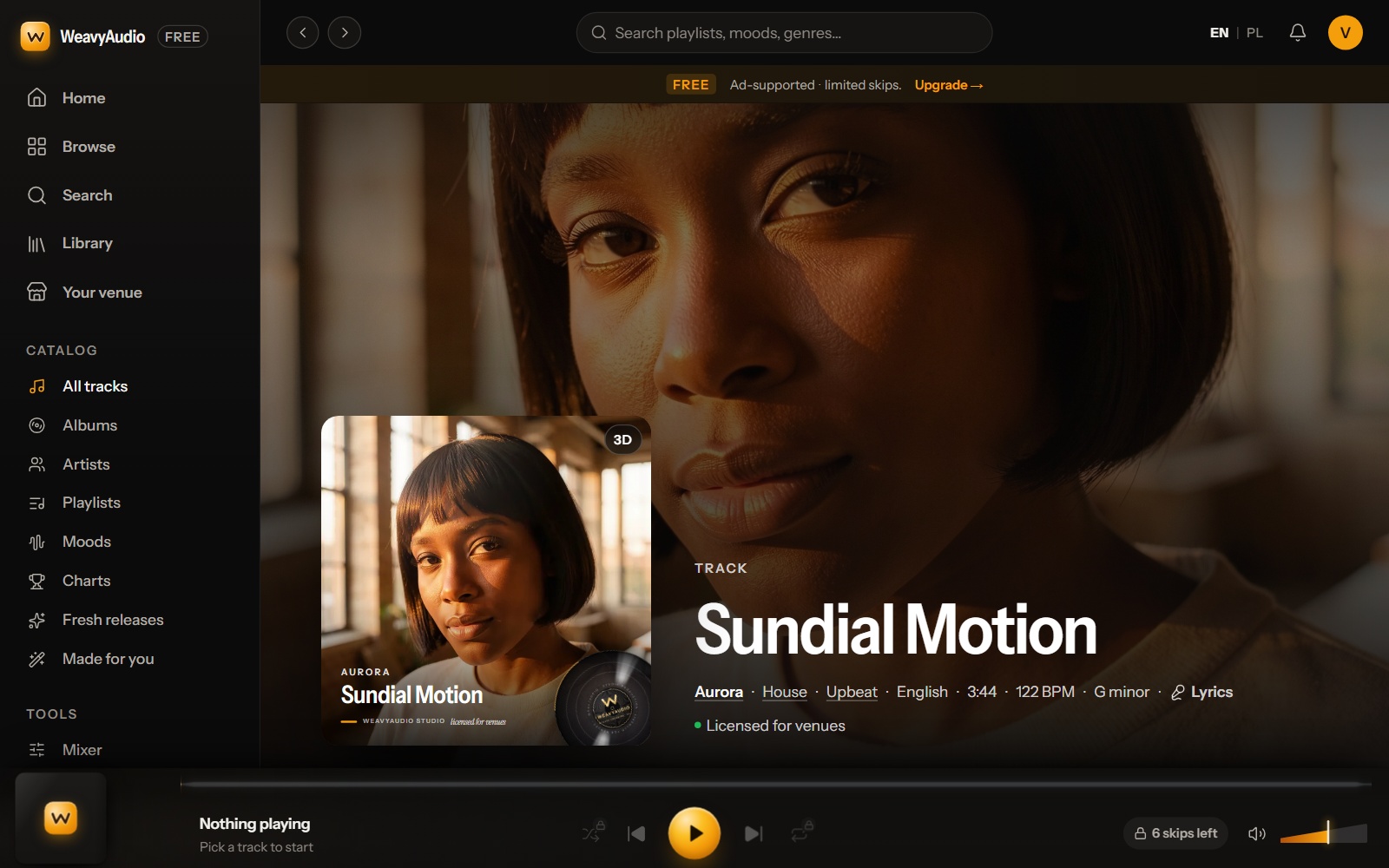 New track page for Sundial Motion by Aurora: full-screen cover background, cover card, big title and a line of facts