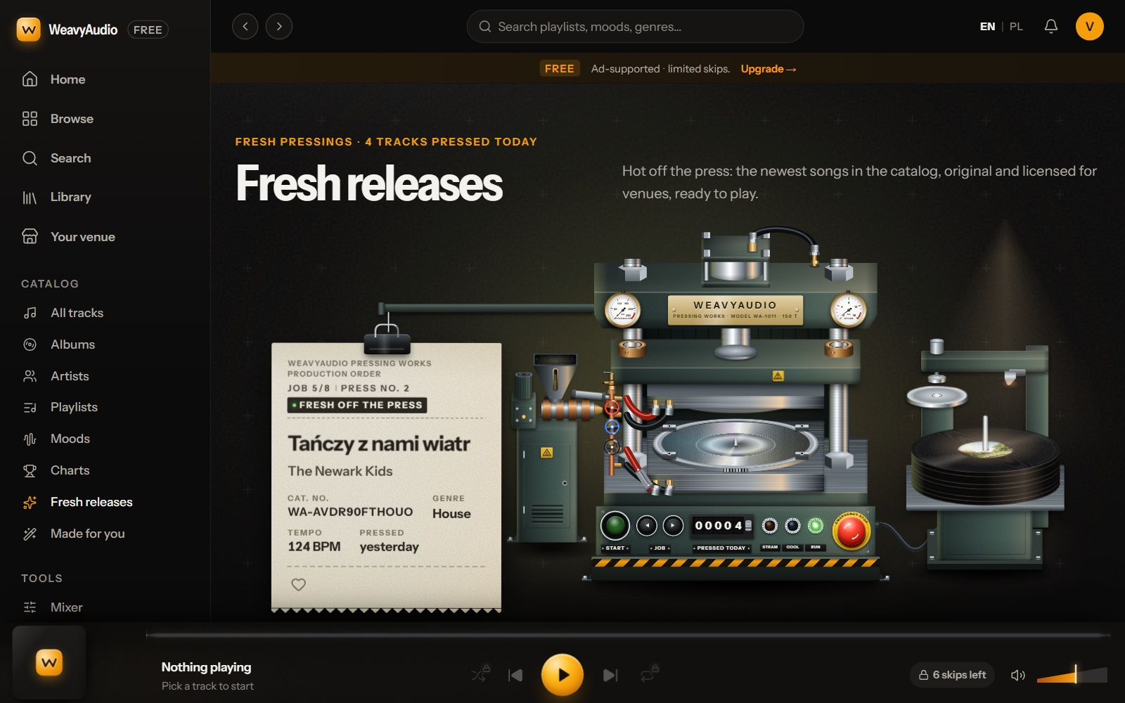 Página Fresh releases con una prensa de discos verde, una hoja de producción de Tańczy z nami wiatr y un contador
