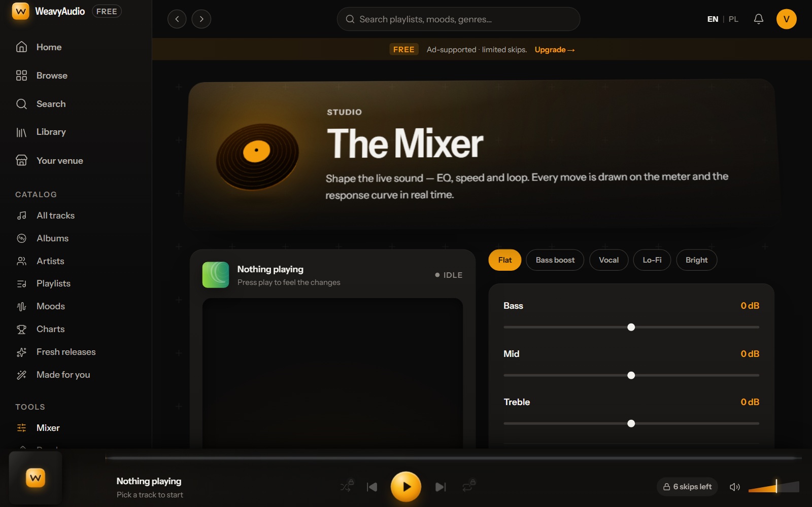 New Mixer page: warm amber hero, preset buttons from Flat to Bright and Bass, Mid and Treble sliders at 0 dB