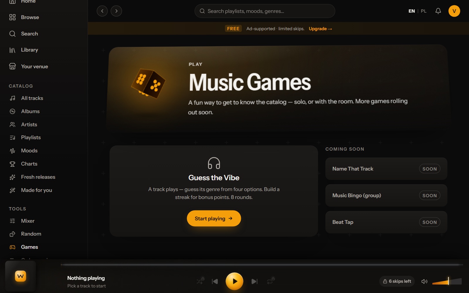 Página de juegos musicales con la tarjeta Guess the Vibe, un botón Start playing y tres juegos marcados Soon