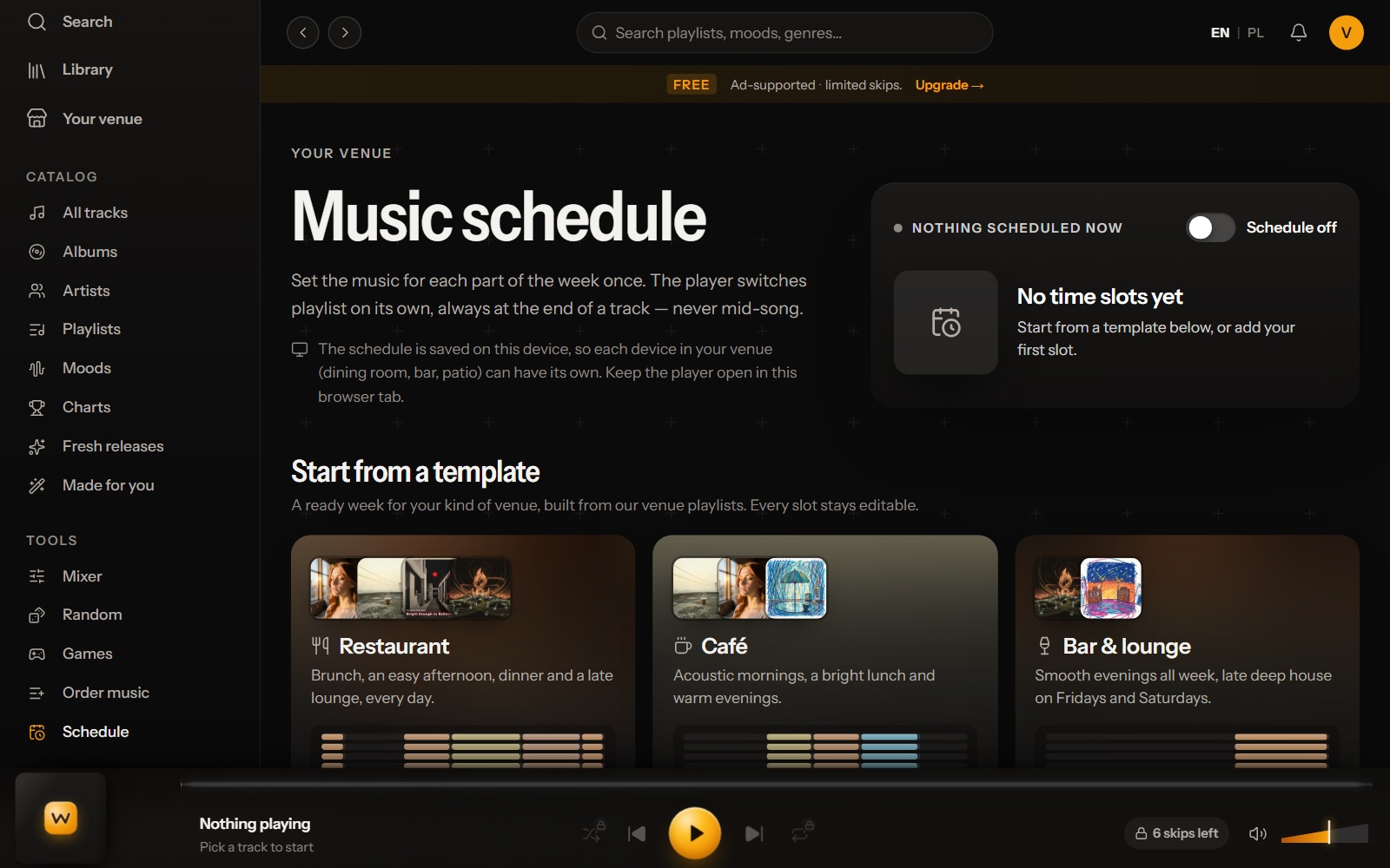 New Music schedule page: Schedule off switch, No time slots yet panel and template cards for Restaurant, Café, Bar