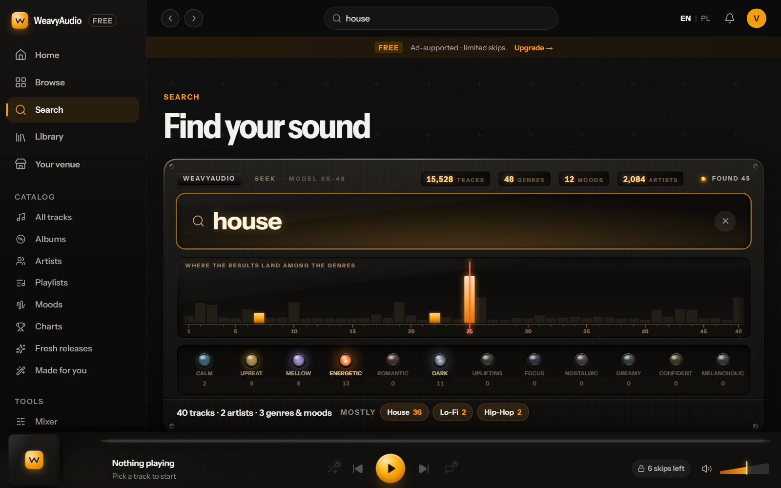 New search page for house: Seek panel with catalog counts, a bar scale of 48 genres, mood buttons and a summary