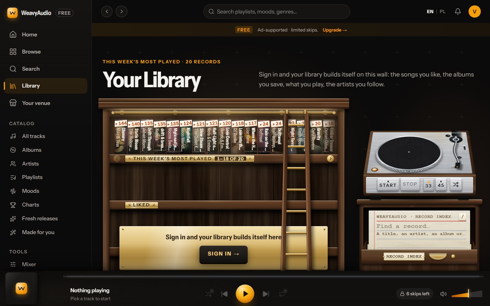 New Your Library page as a wooden record shelf with a ladder, a small turntable, a record index and a Sign in plaque