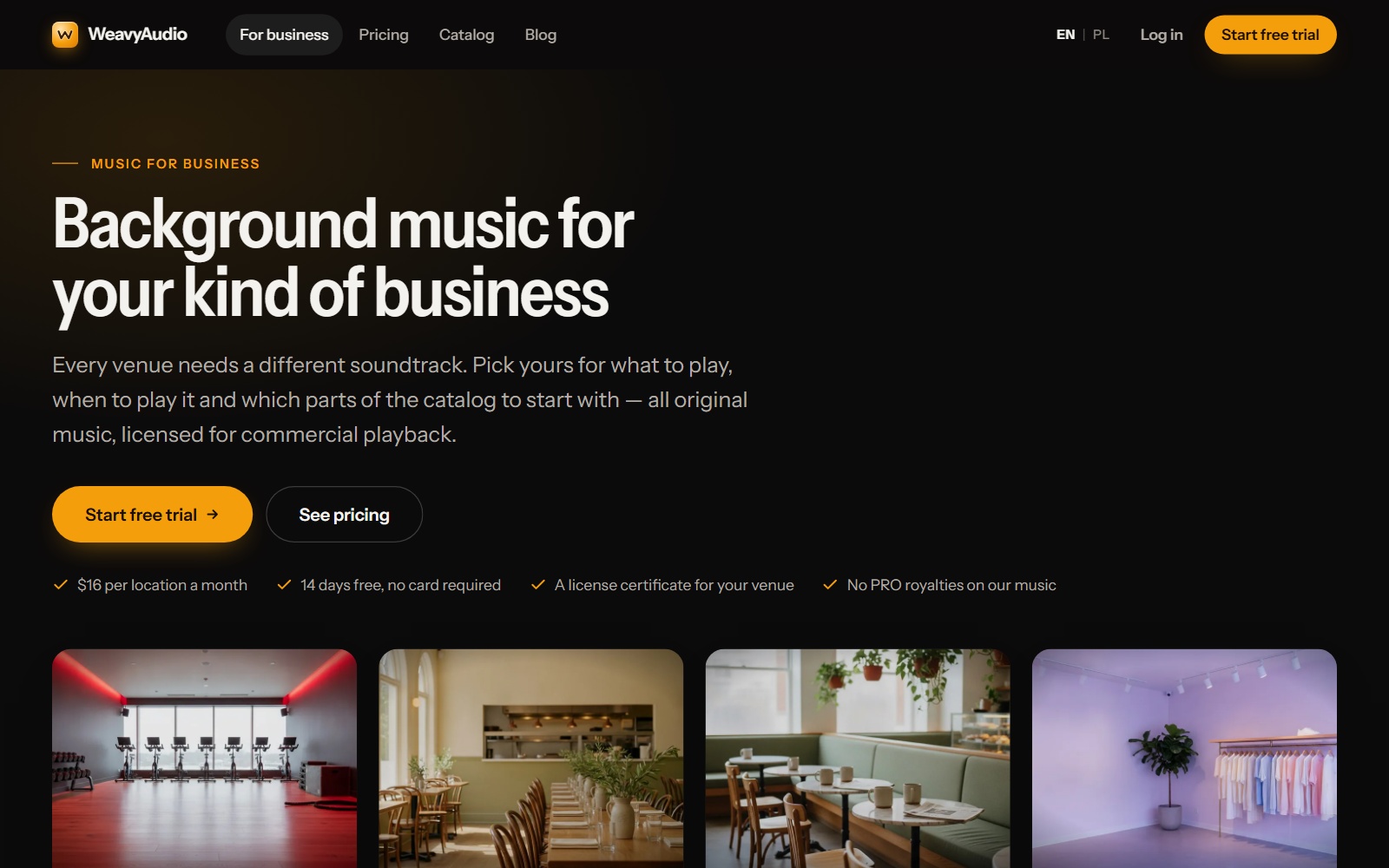 Página de música para negocios: titular, botones Start free trial y See pricing, cuatro puntos con marca y fotos de locales