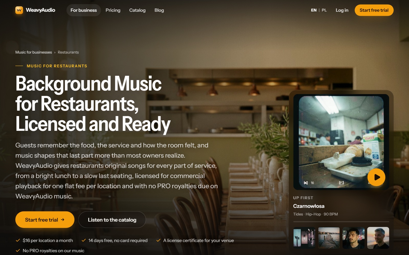 Página de la guía para restaurantes con una foto de comedor, titular, una tarjeta de reproductor Up first y un botón Start free trial