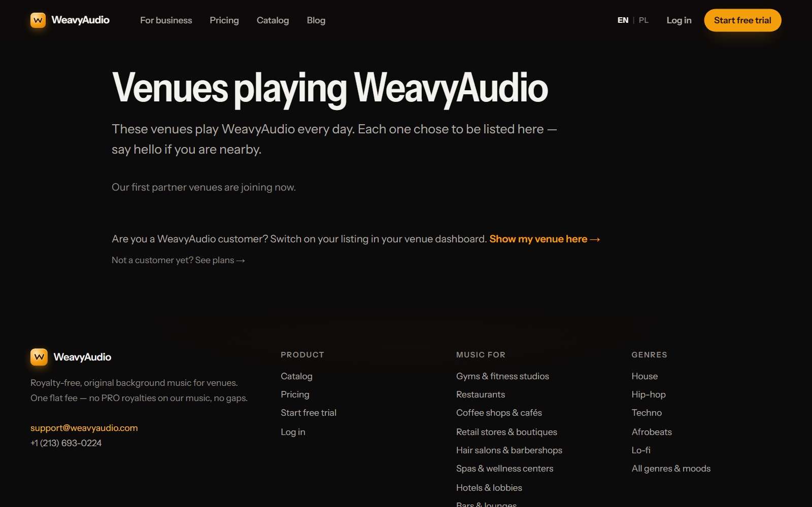 Página Venues playing WeavyAudio que indica que los primeros locales asociados se están sumando, con un enlace Show my venue here