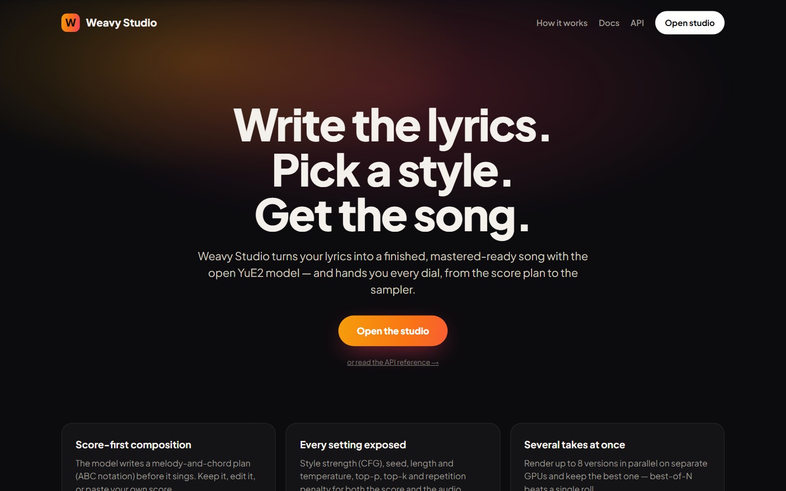 Página de inicio de Weavy Studio con el titular Write the lyrics. Pick a style. Get the song. y un botón Open the studio