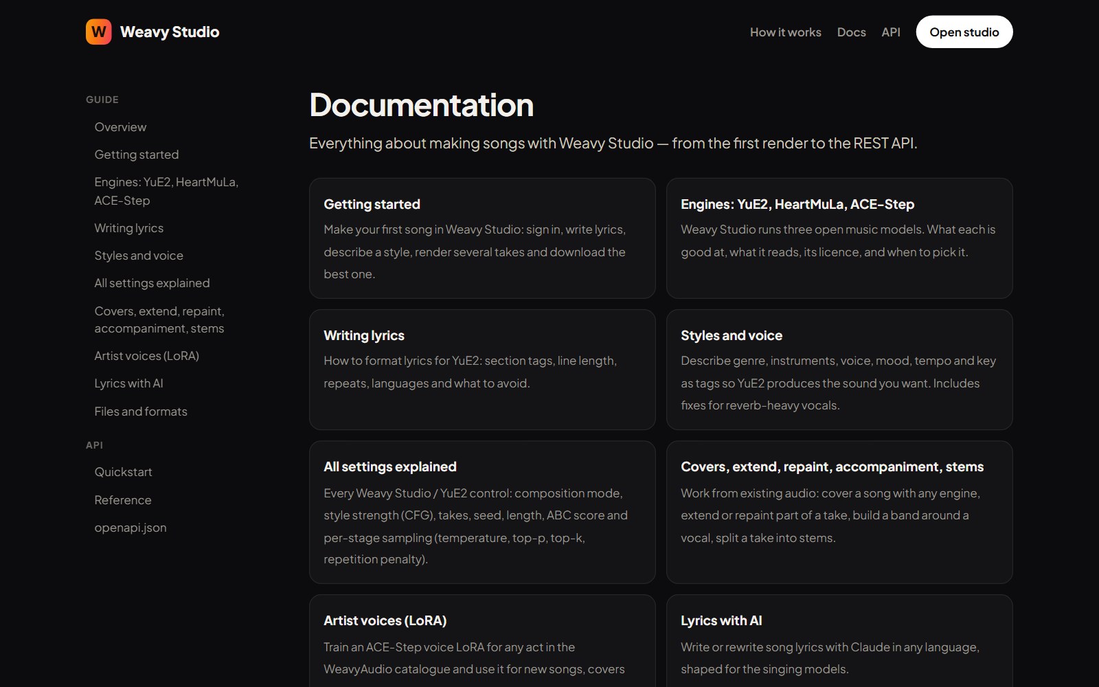 Página de documentación de Weavy Studio con una barra lateral Guide y API y tarjetas de temas como Getting started y Engines