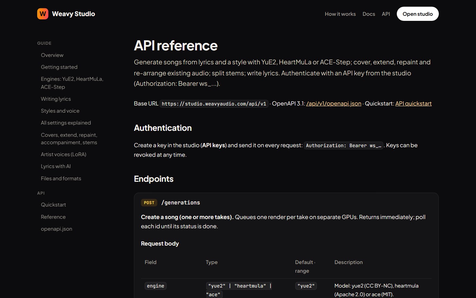 Referencia de la API de Weavy Studio con la URL base, la autenticación con clave Bearer y la tarjeta del endpoint POST /generations